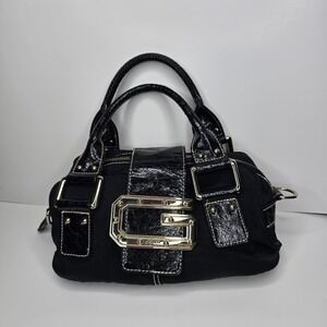 Guess Black Nylon Patent Leather Satchel Bag Gold G Logo Y2K Vintage Style